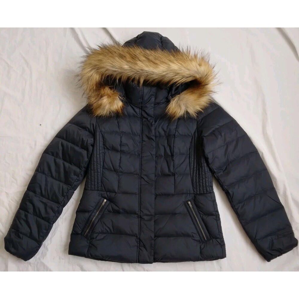 Talbots Blue Coat Faux Fur Lining Hood Down Filled Puffer Women's Size M